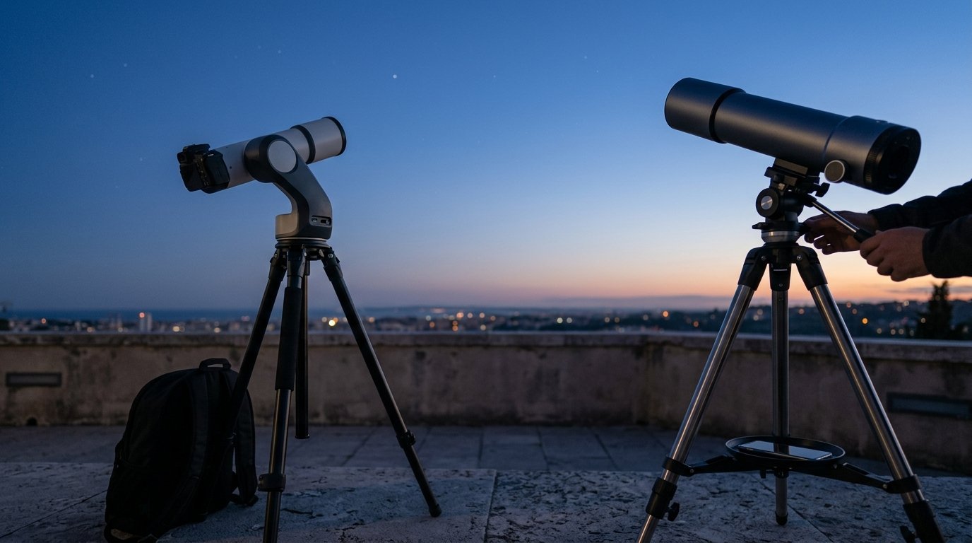 AI-generated photo-style image of an arm-style smart telescope next to a sleek cylindrical one
