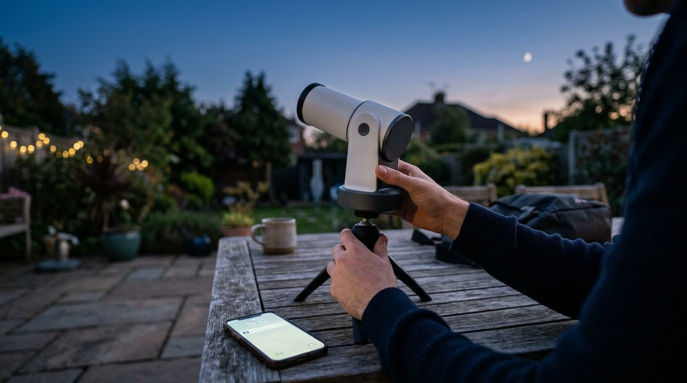 AI-generated photo-style image of hands placing a small smart telescope on a tabletop tripod, a phone beside it