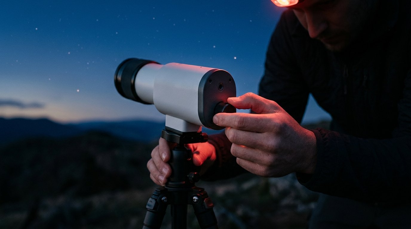AI-generated photo-style image of fingers turning the focus wheel on a smart telescope at night
