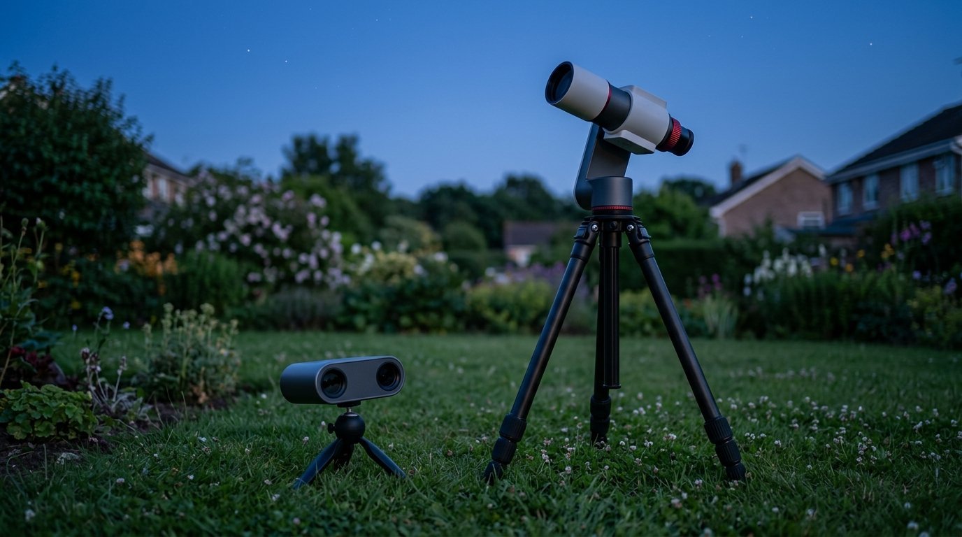 AI-generated photo-style image of a compact flat smart telescope and a larger arm-style smart telescope outdoors