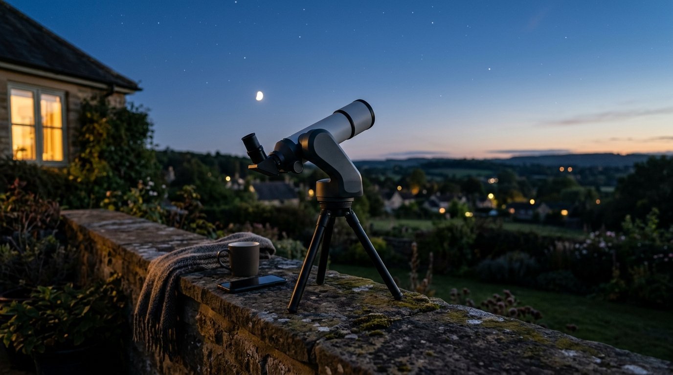 AI-generated photo-style image of a compact smart telescope with its lens raised on a short tabletop tripod