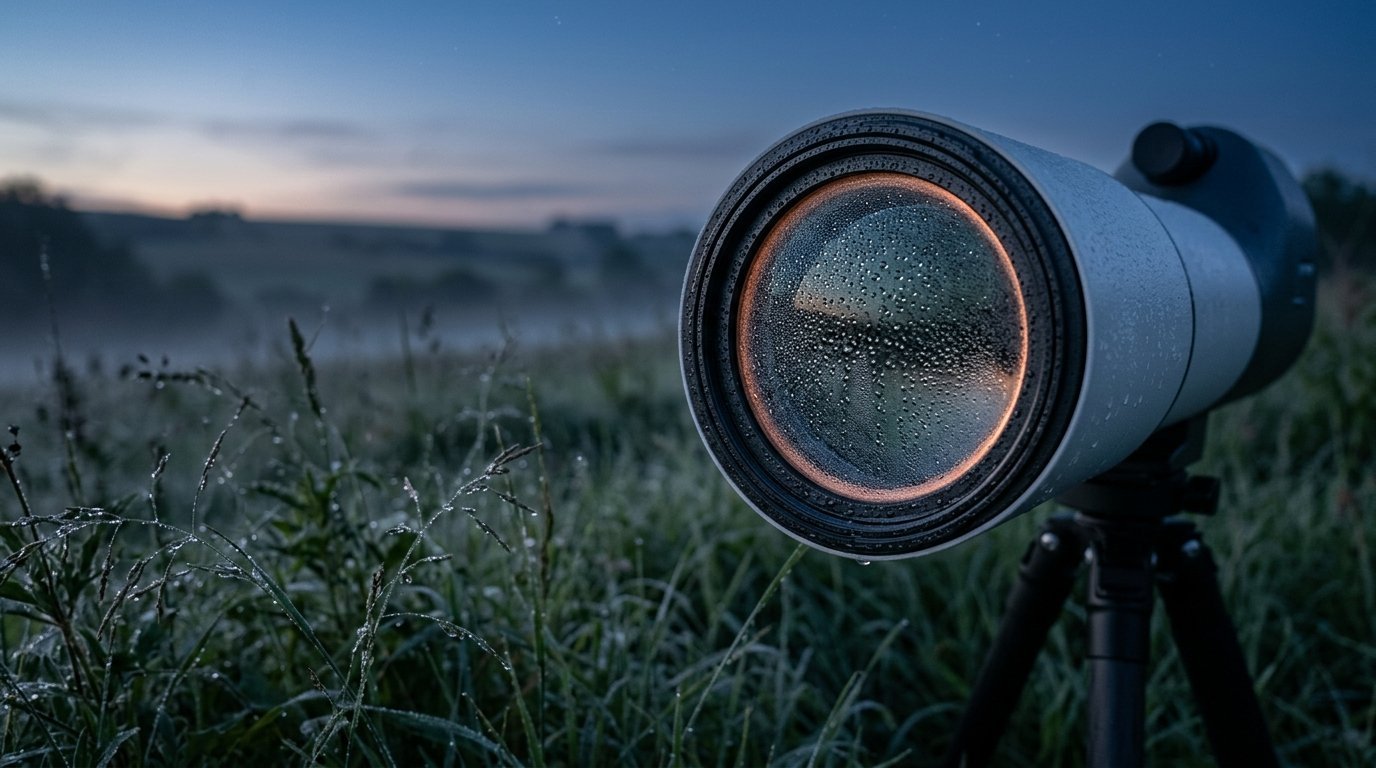 AI-generated photo-style image of dew droplets on the front lens of a smart telescope on a damp night