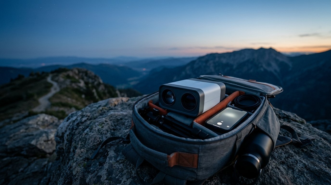 AI-generated photo-style image of a small dual-lens smart telescope packed in an open camera backpack