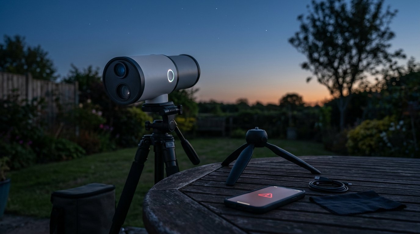 AI-generated photo-style image of a small dual-lens smart telescope with a glowing status ring and a phone showing a warning icon