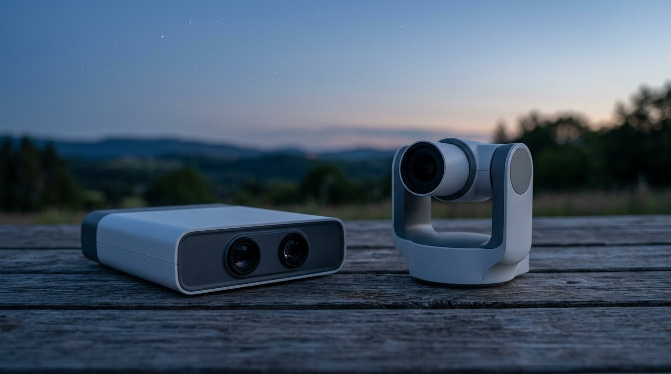 AI-generated photo-style image of a flat dual-lens smart telescope next to an arm-style smart telescope