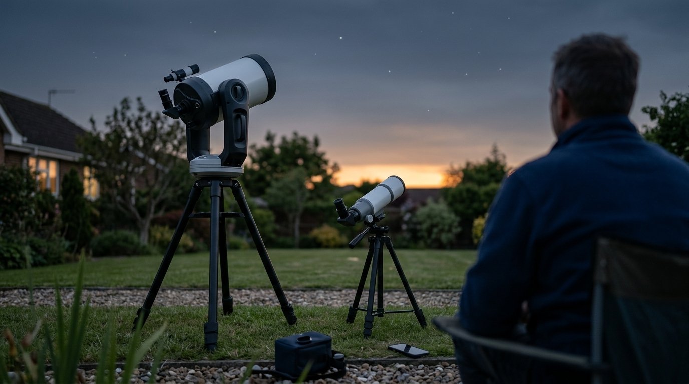 AI-generated photo-style image of a large fork-mounted smart telescope beside a slim cylindrical smart telescope