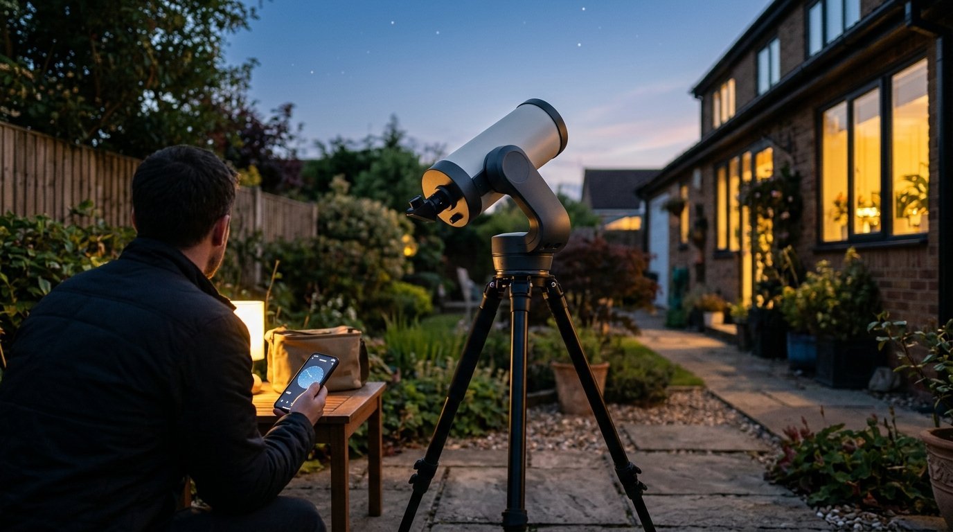 AI-generated photo-style image of a large smart telescope tube on a fork mount and full-size tripod in a backyard