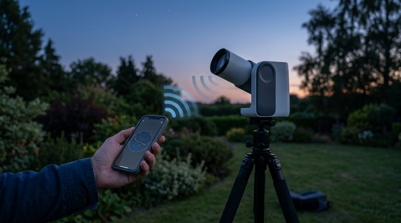AI-generated photo-style image of a phone connecting wirelessly to a smart telescope, with signal waves between them