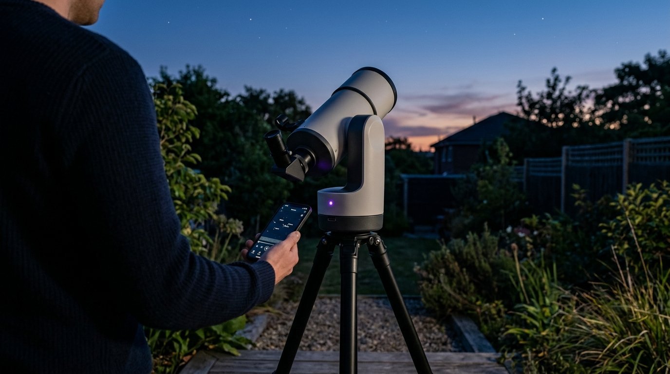 AI-generated photo-style image of a tube-shaped smart telescope with a purple LED on its base at night