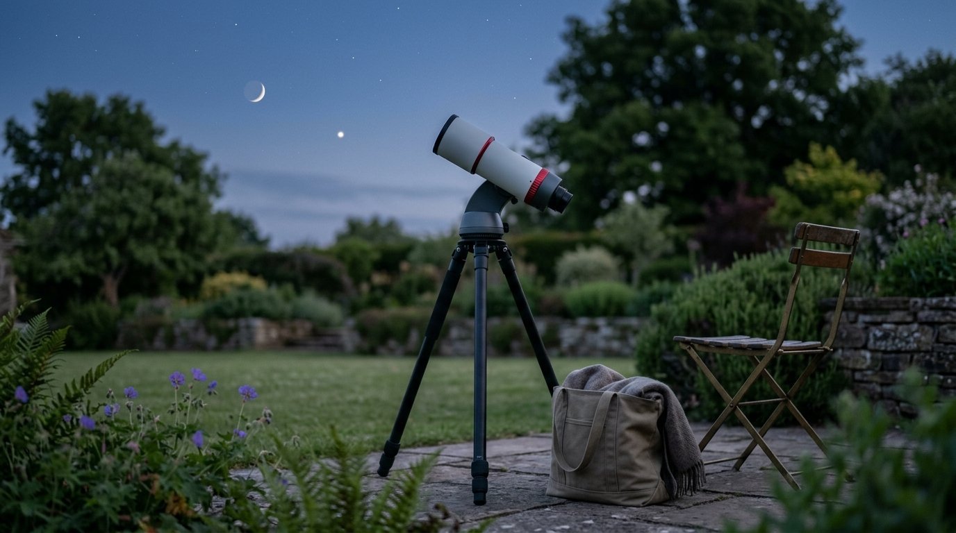 AI-generated photo-style image of a smart telescope aimed at the crescent Moon and a bright planet low in the dusk sky