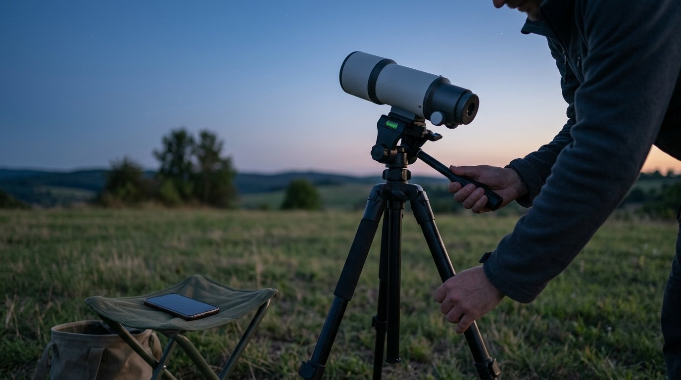 AI-generated photo-style image of hands leveling a smart telescope's tripod in a field at dusk