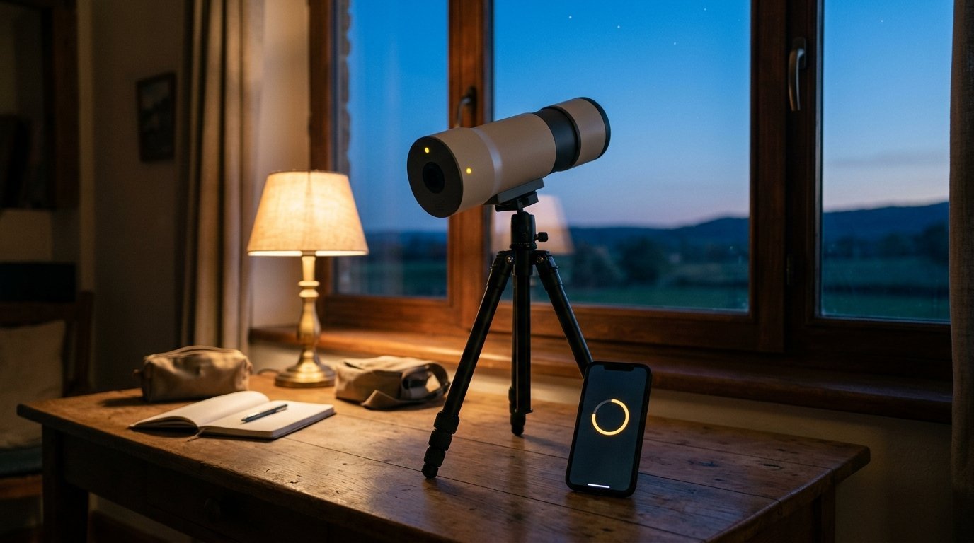 AI-generated photo-style image of a smart telescope on a desk beside a phone showing a progress indicator