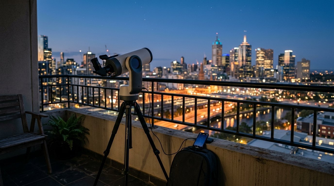 AI-generated photo-style image of a smart telescope on a city apartment balcony with glowing buildings behind