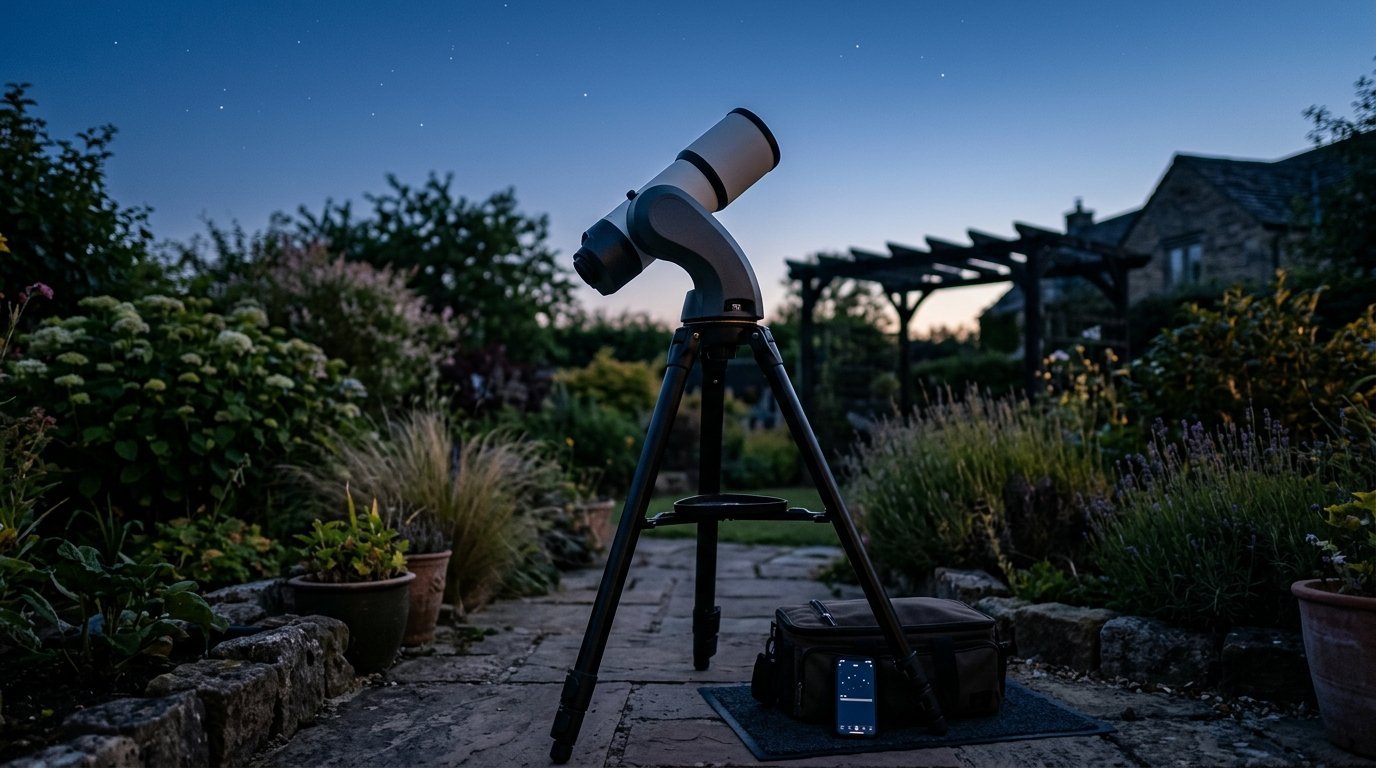 AI-generated photo-style image of a smart telescope mounted on a tilted tripod head for equatorial mode