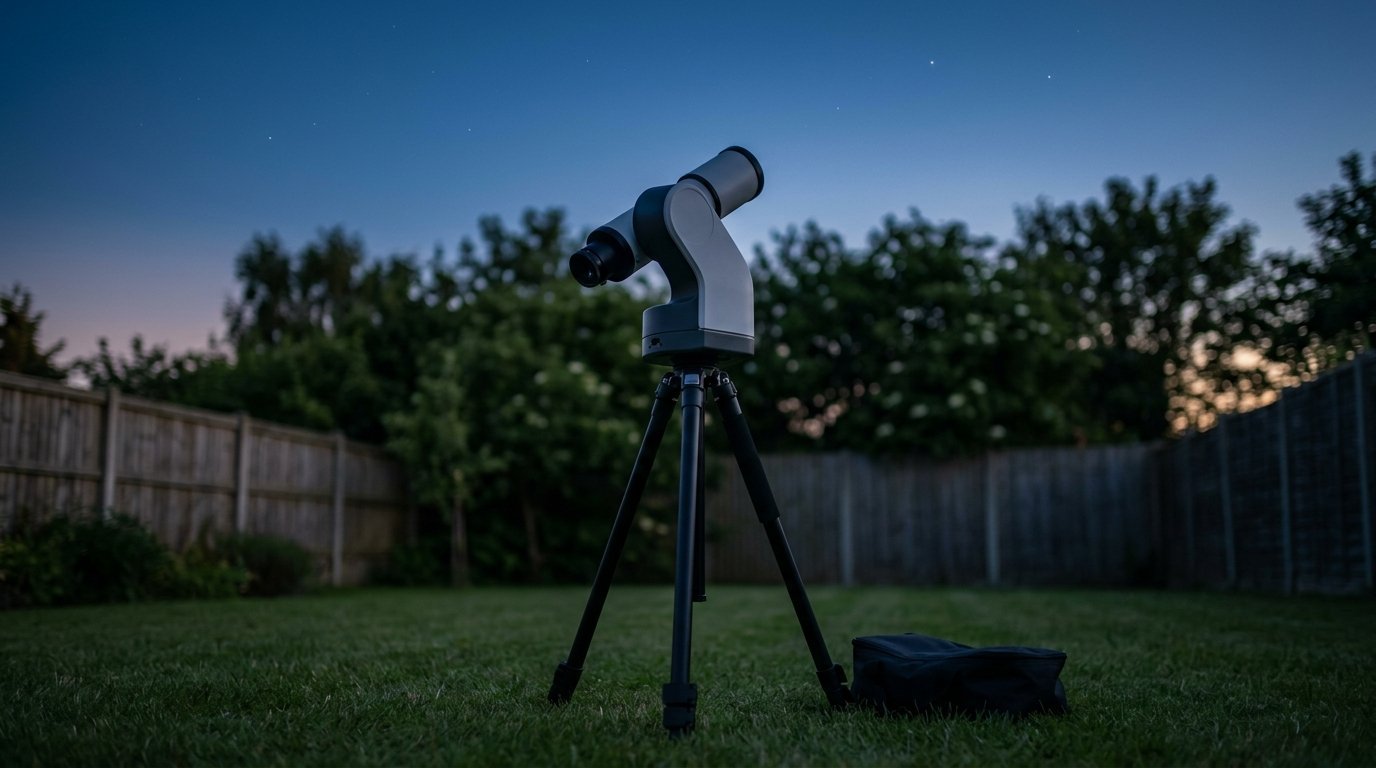 AI-generated photo-style image of a generic smart telescope on a small tripod in a backyard at twilight