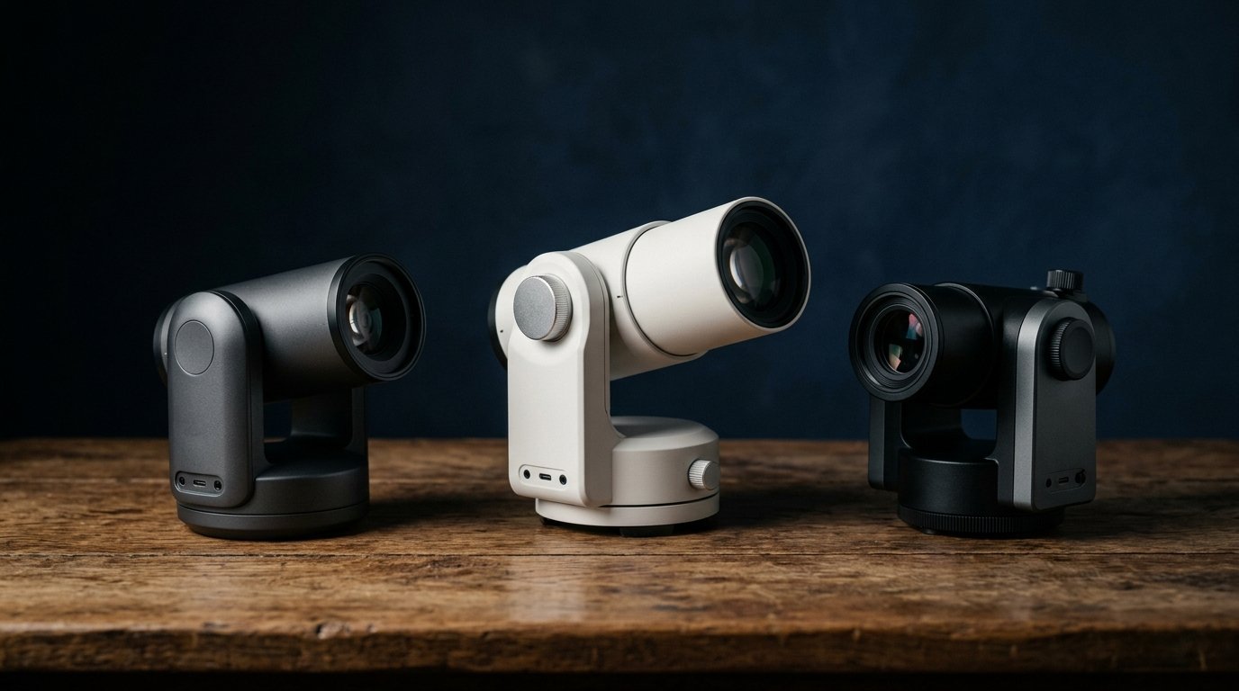 AI-generated photo-style image of three small, differently shaped smart telescopes side by side on a table