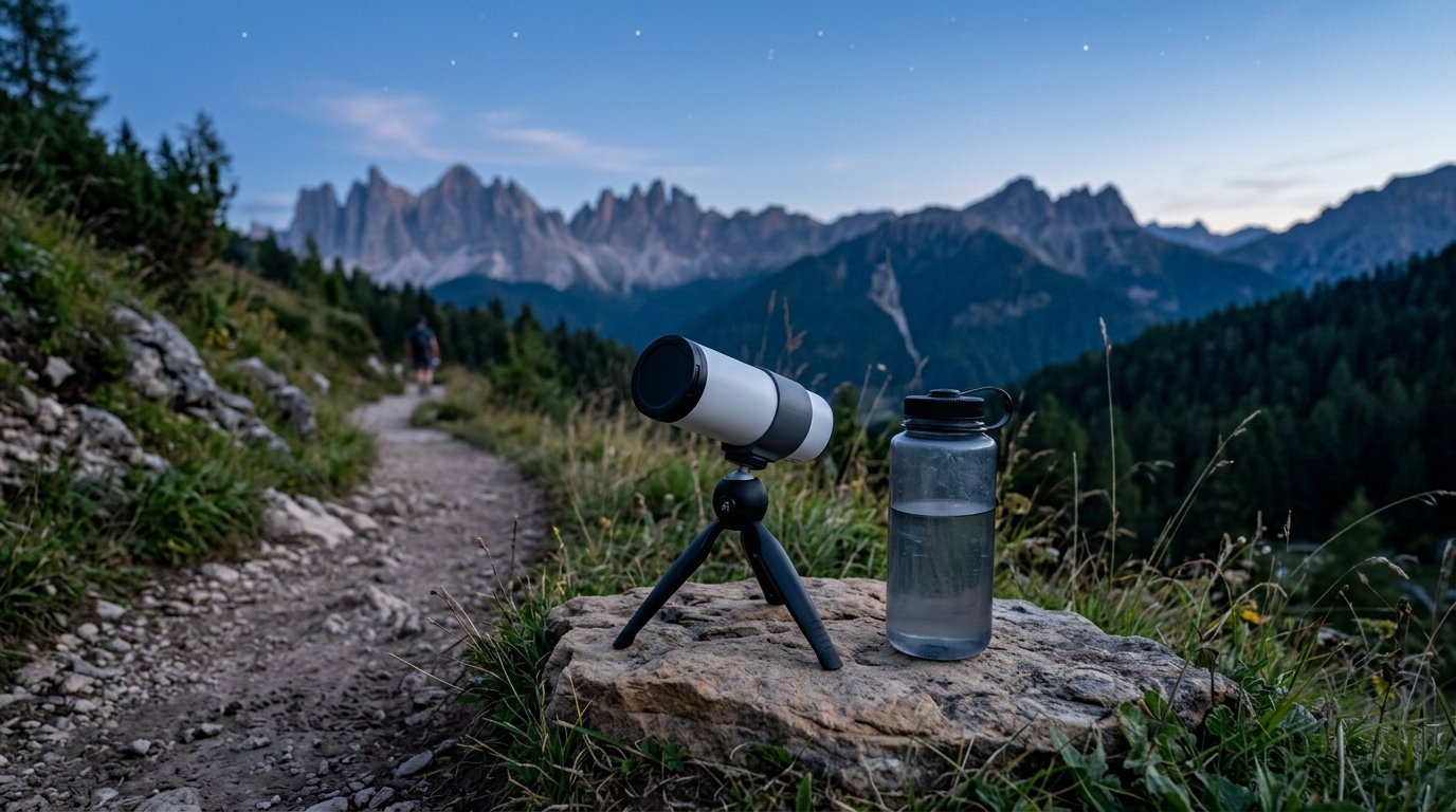 AI-generated photo-style image of a tiny smart telescope on a mini tripod beside a hiking trail at dusk