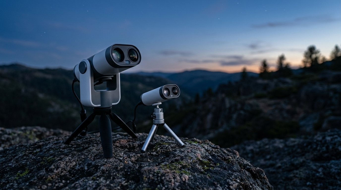 AI-generated photo-style image of two flat dual-lens smart telescopes of different sizes
