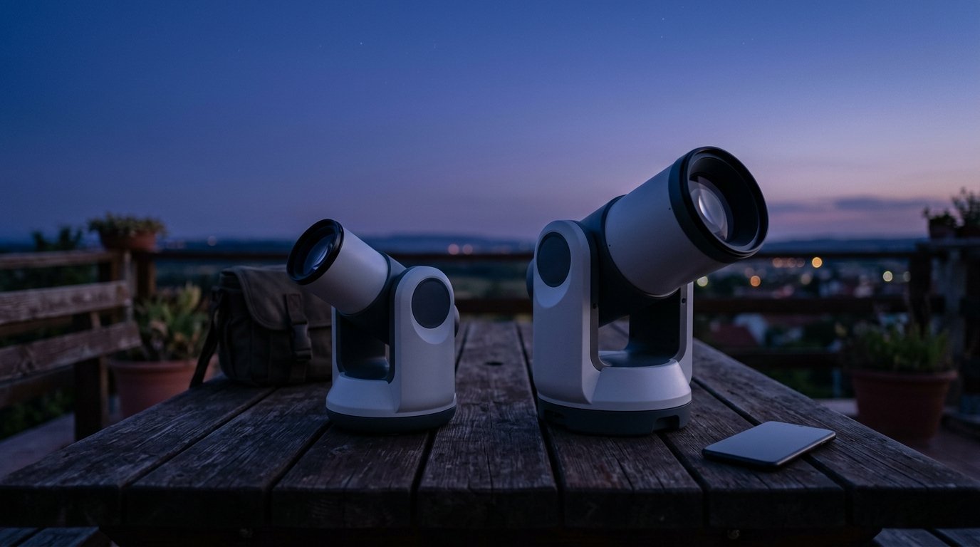 AI-generated photo-style image of a small and a medium-sized smart telescope side by side